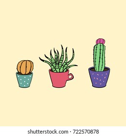 Cactus in the pot. Succulent flower in the mug. Cute hand drawn cacti home plant collection. Vector illustrations . Set of 3