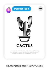 Cactus in pot thin line icon. Modern vector illustration of home plant.