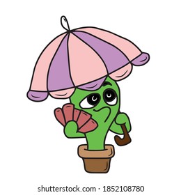 Cactus in a pot with an umbrella waving a fan . Vector children's illustration of Mexican cacti on a white background. For banners, postcards and stickers