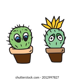 Cactus in a pot . Vector children's illustration of Mexican cacti on a white background. For banners, postcards and stickers