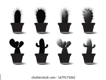 Cactus in a pot vector icon set isolated on a white background. Dark silhouettes of desert or wild cactus.