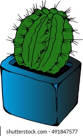 Cactus in a pot. Vector illustration of cactus. Hand drawn cactus in a pot. Doodle home flower in a square pot.