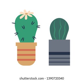 Cactus in pot vector, isolated icon of plant with thorns and flower on top. Nature decoration for home, botanical elements, pottery and house decor