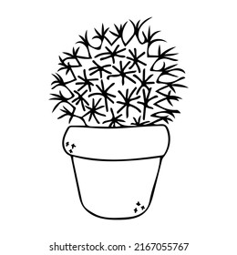 Cactus In Pot Vector Sketch Icon. Cute Black Succulent Outline Illustration. Mexican House Plant In Flowerpot Line Art. Simple Cacti In A Planter With Sharp Spines. Natural Fun Home Decor Element.