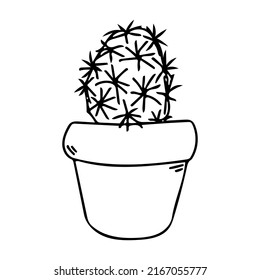 Cactus In Pot Vector Sketch Icon. Cute Black Succulent Outline Illustration. Mexican House Plant In Flowerpot Line Art. Simple Cacti In A Planter With Sharp Spines. Natural Fun Home Decor Element.