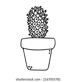 Cactus in pot vector sketch icon. Cute black succulent outline illustration. Mexican house plant in flowerpot line art. Simple cacti in a planter with sharp spines. Natural fun home decor element.