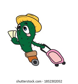 Cactus in a pot with wheels in a hurry to travel cartoon . Vector children's illustration of Mexican cacti on a white background. For banners, postcards and stickers
