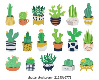 Cactus in pots. Cute cartoon exotic succulent plants in flower pots, decorative desert plant. Vector isolated set of cactus in pot, exotic houseplant illustration