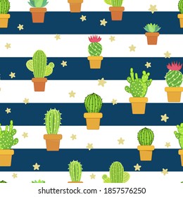 Cactus pots handmade flat vector ilustration, over dark blue stripes background with golden stars, seamless pattern