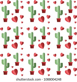 cactus in pots and hearts pattern background
