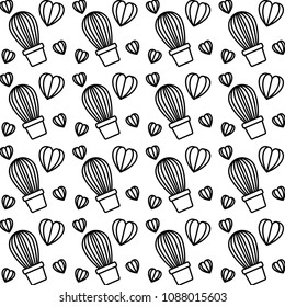 cactus in pots and hearts pattern background