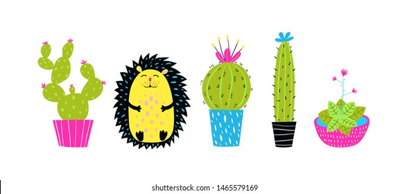 Cactus in pots and hedgehog hand drawn set. Urchin or hedgehog with cactus and succulent in the flower pot. Hand drawn watercolor style colorful fun illustration.