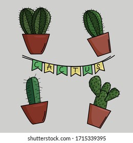 Cactus and pots icon. Funny greeting card design. Floral vector design.
