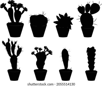 
cactus pots icons silhouette vector art and illustration