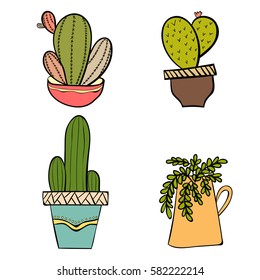 Cactus in pots. Cactus isolated on white background. Indoor plants in a flat style. Natural background with cacti. Vector illustration.