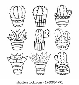 Cactus in a pots. Line icons set isolated on white background.
