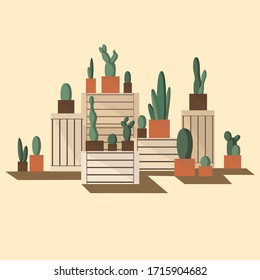 Cactus pots on drawers. Wooden boxes ond house plants. Flat vector illustration on light beige background.Interior design element with green house plant in orange and brown pot and furniture piece