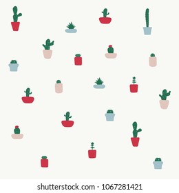 Cactus in pots plant pattern. Flat Hand drawn vector illustration.