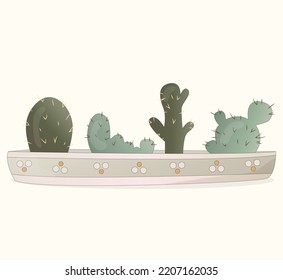 Cactus in pots. Simple cartoon vector style.