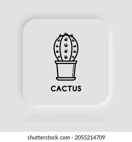 Cactus with prickles in pot thin line icon. Modern vector illustration of home plant.