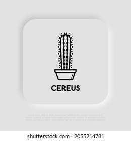 Cactus with prickles in pot thin line icon. Modern vector illustration of home plant.