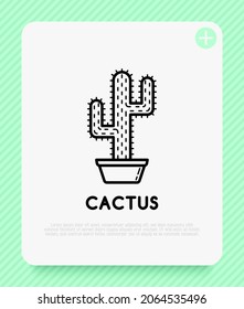 Cactus with prickles in pot thin line icon. Modern vector illustration of home plant.