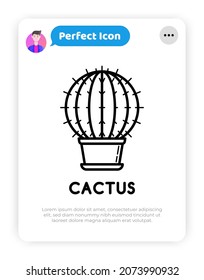 Cactus with prickles in pot thin line icon. Modern vector illustration of home plant.