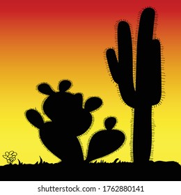 cactus prickly art black silhouette in desert illustration
