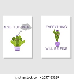 Cactus print with texts in vector. Postcard "Never look back" "Everything will be fine"