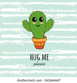 Cactus print with texts in vector. Postcard "Hug me please"