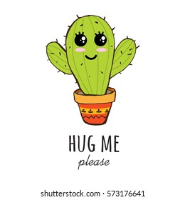 Cactus print with texts in vector. Postcard "Hug me please".