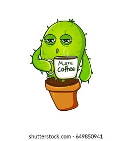 Cactus print in vector. Cute sticker . Postcard need more coffee