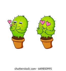 Cactus print in vector. Cute sticker set. Postcard love, kuss