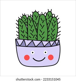 Cactus in purple doodle-style pot. Vector isolated image for use in website design or clipart