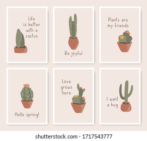Cactus quote cards set with hand-drawn plant icons and whimsical text. Nature flowerpots composition in flat style. Print inspirational poster plant illustrations isolated on white background.