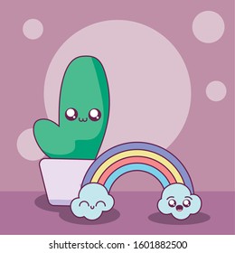 cactus and rainbow cartoon design, Kawaii expression cute character funny and emoticon theme Vector illustration
