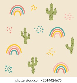 Cactus and rainbow with colour dots on sand background. Hand drawn. Vector seamless pattern for textile, clothes, package, decoration, background, wallpaper, nursery design.