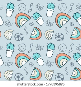 Cactus and rainbow on grey backdrop. Sleepwear seamless pattern for wallpaper, wrap paper, sleeper, bath tile, apparel or bed linen. Phone case or cloth print. Doodle style stock vector illustration