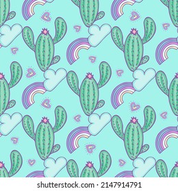 Cactus and rainbow seamless pattern design. Cactus with rainbow and clouds on light blue background.Suitable for baby clothes design, for digital paper and wrapping paper design.