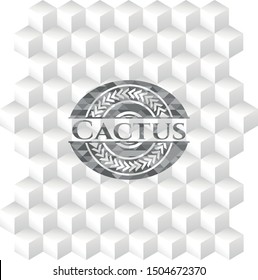 Cactus realistic grey emblem with cube white background