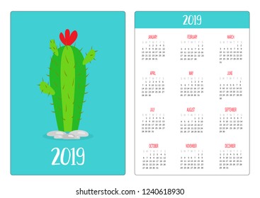 Cactus with red flower. Green plant. Simple pocket calendar layout 2019 new year. Week starts Sunday. Vertical orientation. Flat design. Blue background. Vector illustration