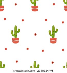 Cactus with red flowers seamless pattern. Cartoon vector illustration.