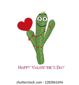 Cactus with red hearts. Cute smiling face and succulent holding a shining red heart. Valentine's Day greeting card