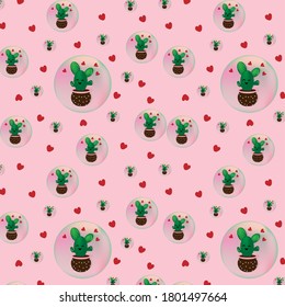 Patrón de cactus y corazones rojos en el diseño de fondo rosado de papel pintado.Ilustración vectorial.