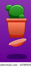 A cactus in a red pot levitates in the air. There is shadow below it on the ground. Purple background, vector.