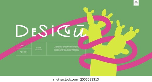 Cactus and ribbon illustration in bold minimalist graphic design. Trendy colors and innovative typography blend with contemporary art elements, ideal for modern banner presentations