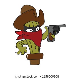 A cactus robber in a mask and cowboy hat holds a gun in a pot .Vector illustration on a white isolated background.Botanical design for postcards and banners.Nature