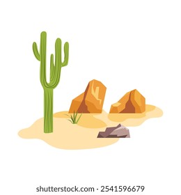 Cactus and rocks at desert in flat design. Wilderness plant and grass in sand. Vector illustration isolated.