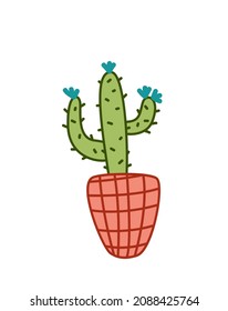 Cactus saguaro. Carnegiea in bloom. Flowering plant in garden pots in cartoon style. Cactuses. Isolated vector stock illustration EPS 10 on white background 