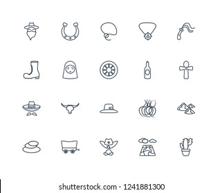 Cactus, Salty desert, Sheriff Hat, Cowboy Cart, Stone, Whip, Alcohol Bottle, desert Mexican Arab, Lasso outline vector icons from 20 set